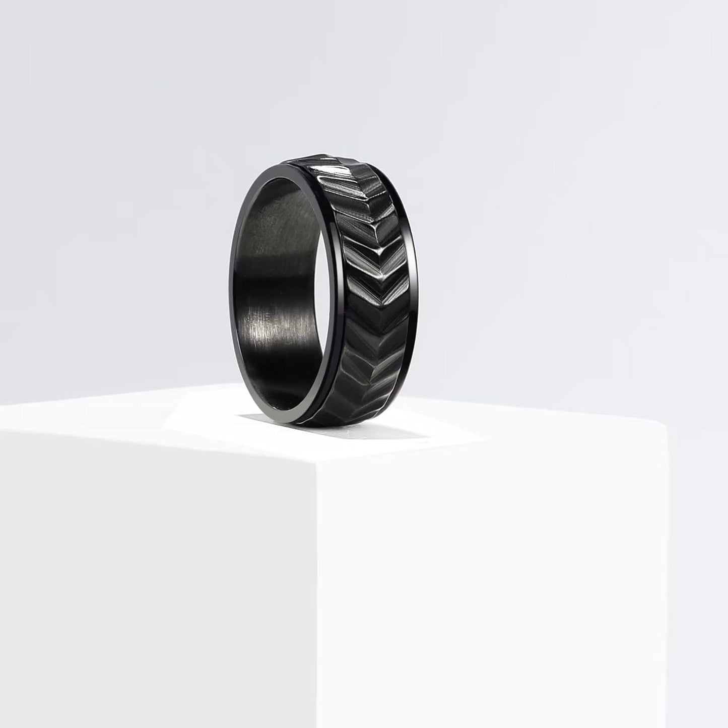 King Will Black Silver Gold Mens Spinner Anxiety Fidget Ring 8mm Stainless Steel Wire Mesh Chain Woven Mesh/Tire Stripe/Groove Ring for Stress Relieving