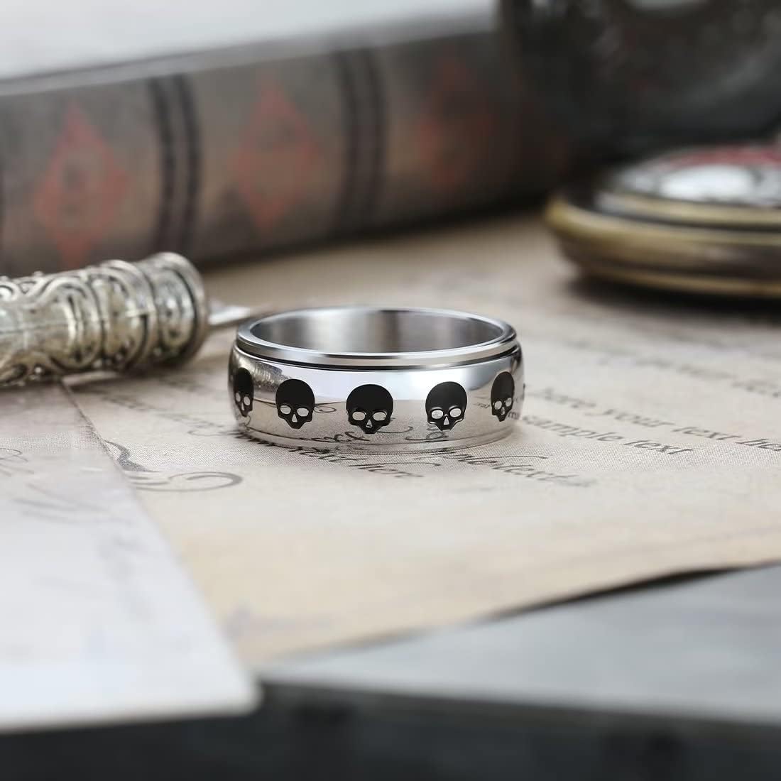 King Will 6mm 7mm 8mm Silver Black Stainless Steel Ring Spinner Ring Anxiety Relief Wedding Ring For Men Women Forest Elk Deer Family/Moon Star/Skull Head/Evil Eye/Poker Pattern