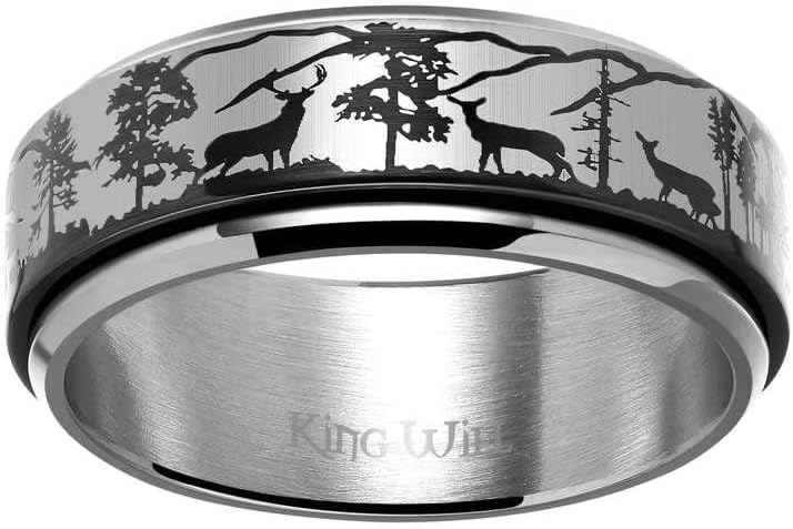 King Will 6mm 7mm 8mm Silver Black Stainless Steel Ring Spinner Ring Anxiety Relief Wedding Ring For Men Women Forest Elk Deer Family/Moon Star/Skull Head/Evil Eye/Poker Pattern