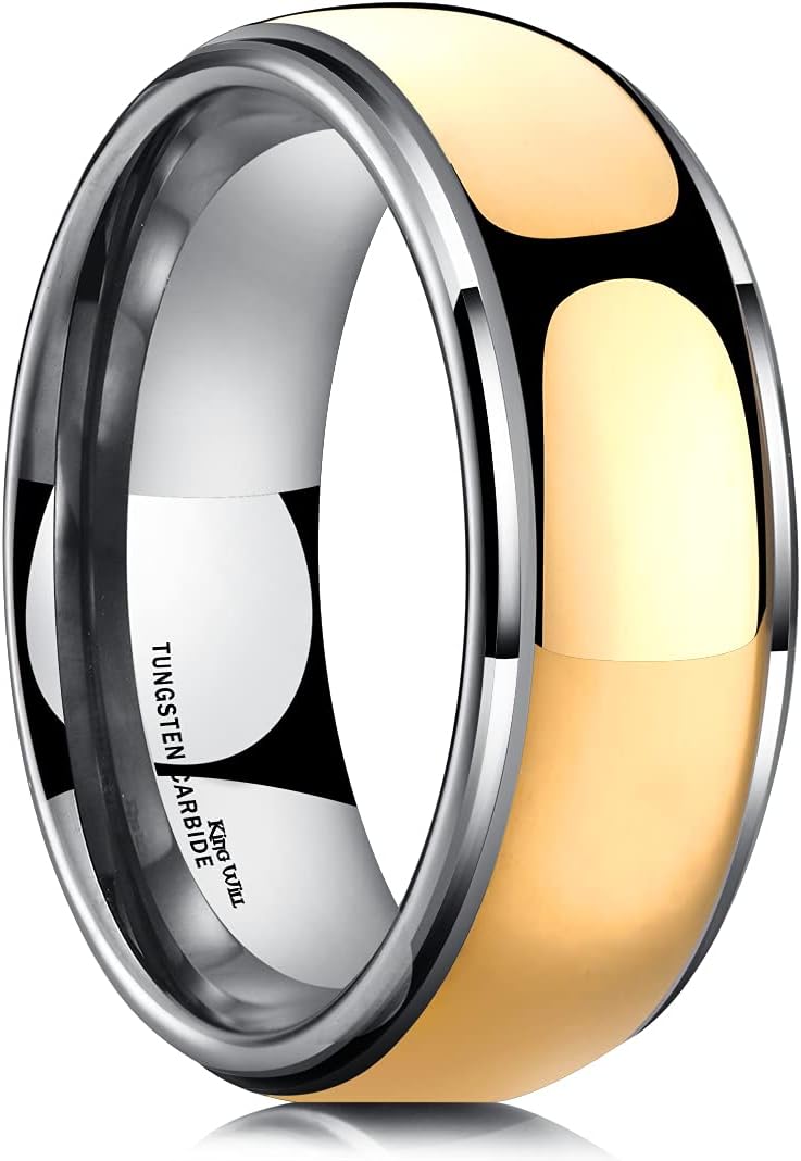 King Will 8mm Men's Tungsten Carbide Silver/Gold/Rose Gold Ring Gold Domed High Polished/Grooved/Faceted/Sandstone Sticker Inlay Step Edge Comfort Fit Wedding Ring