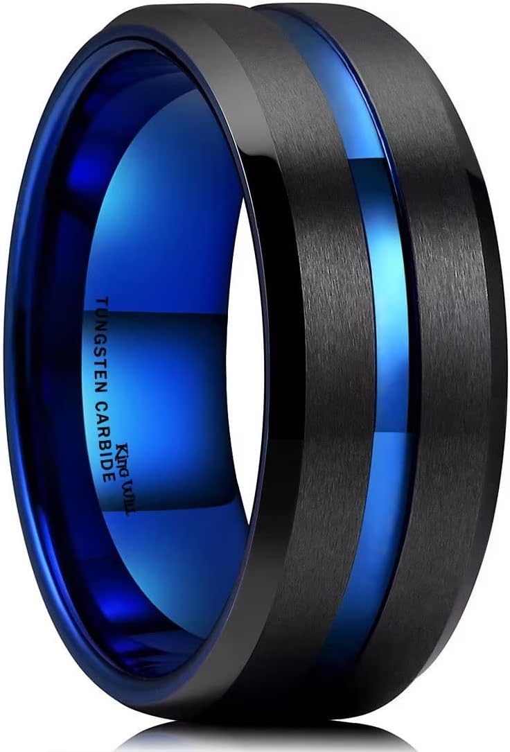 King Will 6mm 7mm 8mm Groove Tungsten Carbide Wedding Ring for Men Black/Silver/Rainbow/Rose Gold/Red/Brown/Blue Thin Groove Center Tungsten Wedding Band Matte Finish