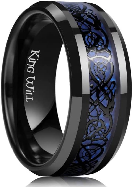 King Will DRAGON Mens Celtic Dragon Titanium Stainless Steel Ring Blue/Black/Green/Red Carbon Fibre Luminou Glow Celtic Dragon Titanium Stainless Steel Ring 7mm 8mm 9mm Zircon Polished Beveled Edge and Black Plated Wedding Band mens