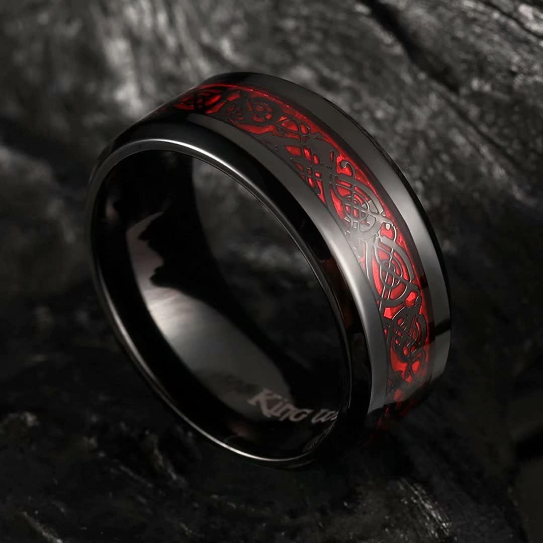 King Will DRAGON Mens Celtic Dragon Titanium Stainless Steel Ring Blue/Black/Green/Red Carbon Fibre Luminou Glow Celtic Dragon Titanium Stainless Steel Ring 7mm 8mm 9mm Zircon Polished Beveled Edge and Black Plated Wedding Band mens