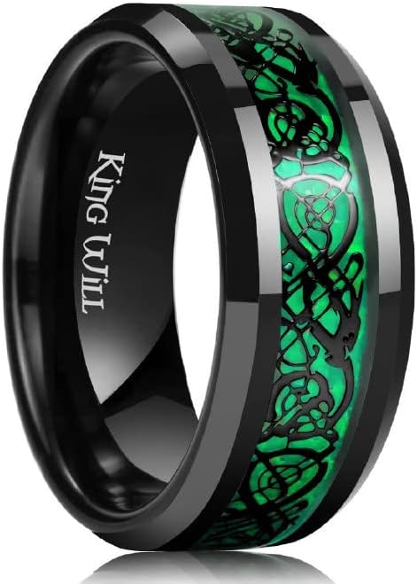 King Will DRAGON Mens Celtic Dragon Titanium Stainless Steel Ring Blue/Black/Green/Red Carbon Fibre Luminou Glow Celtic Dragon Titanium Stainless Steel Ring 7mm 8mm 9mm Zircon Polished Beveled Edge and Black Plated Wedding Band mens