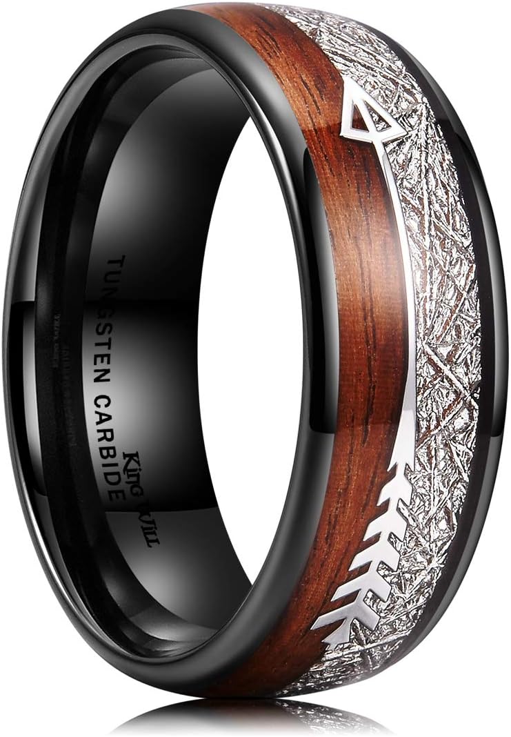 King Will Nature 8mm Arrow Tungsten Carbide Ring Wood Meteorite Sticker Inlay Domed Wedding Ring for Men