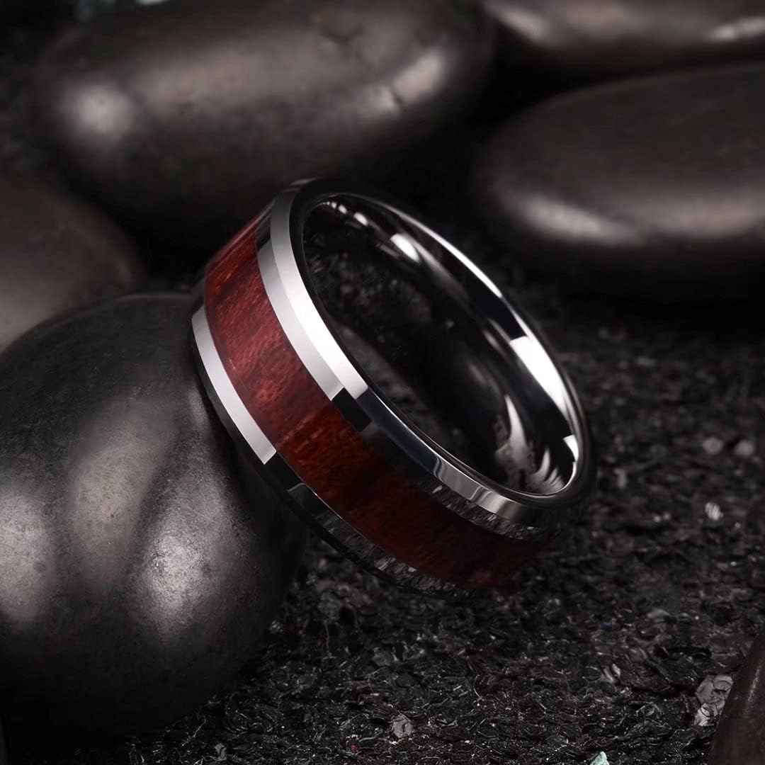 King Will Nature Koa Wood Inlay Tungsten Carbide Wedding Ring 8mm Rose Gold/Blue/Black/Silver High Polished Comfort Fit