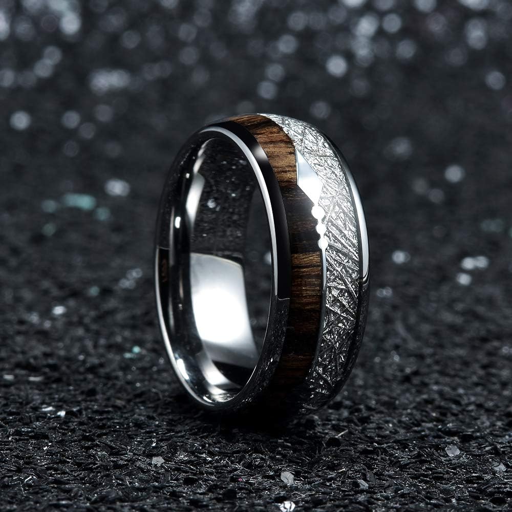 King Will Nature 8mm Arrow Tungsten Carbide Ring Wood Meteorite Sticker Inlay Domed Wedding Ring for Men