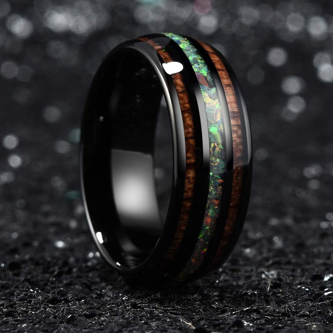King Will Nature 8mm Turquoise Tungsten Carbide Wedding Ring Abalone Shell Opal Inlaid Real Wood Engagement Band for Men
