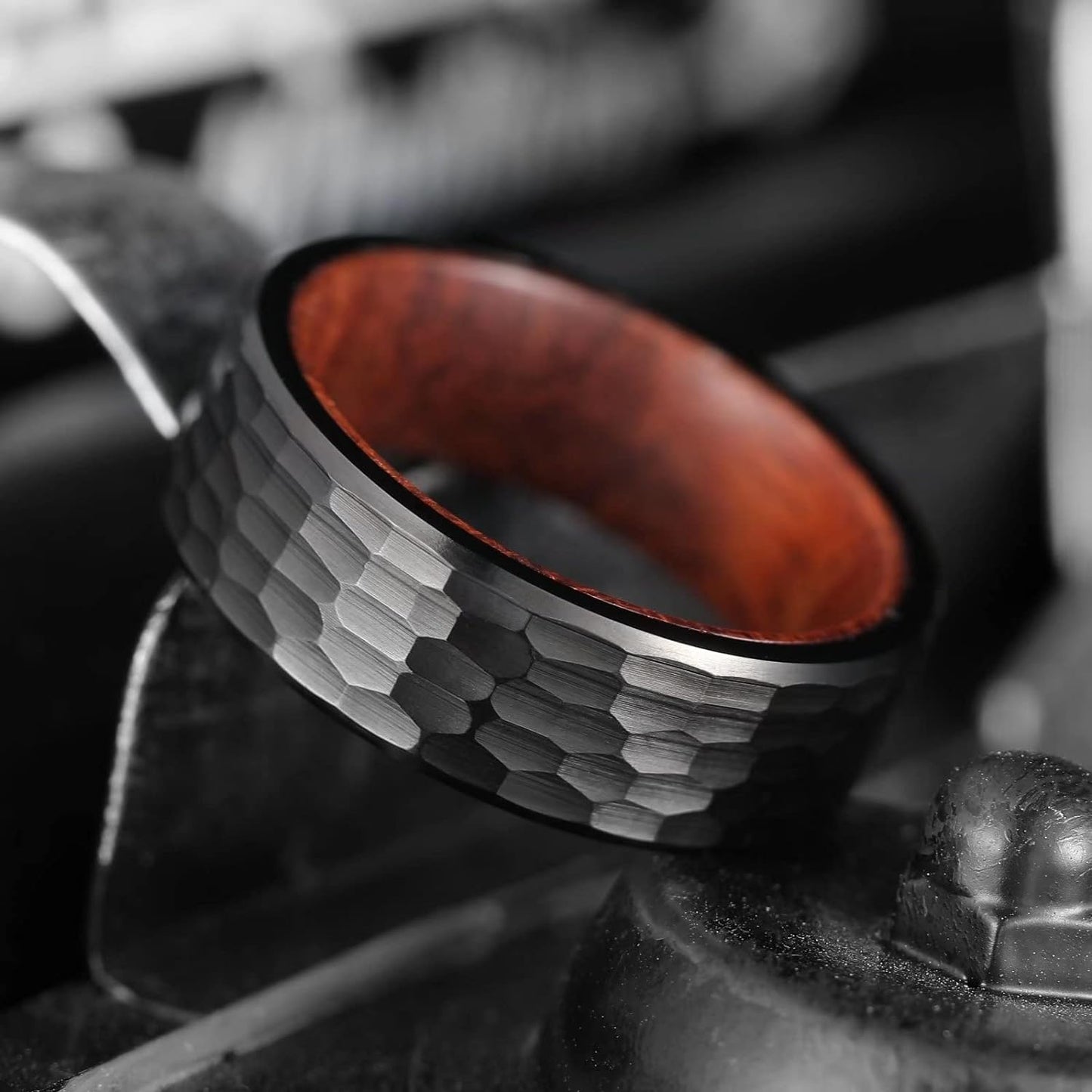 King Will 6mm/8mm Silver/Black Hammered Titanium Ring Inlaid Wood Inner Hole Wedding Band for Men Matte Brushed Comfort Fit