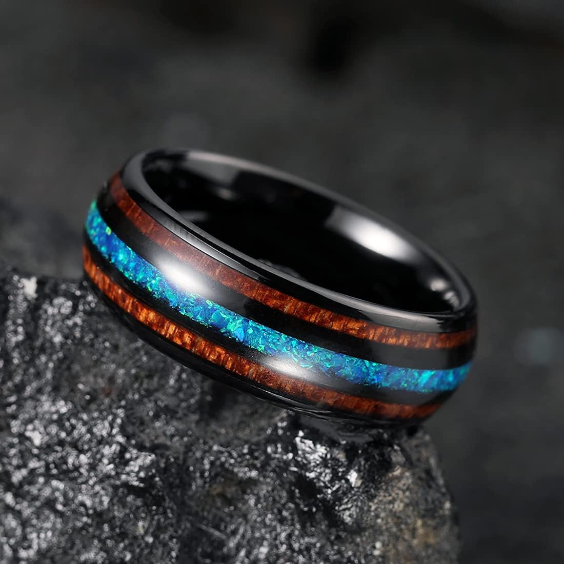 King Will Nature 8mm Turquoise Tungsten Carbide Wedding Ring Abalone Shell Opal Inlaid Real Wood Engagement Band for Men