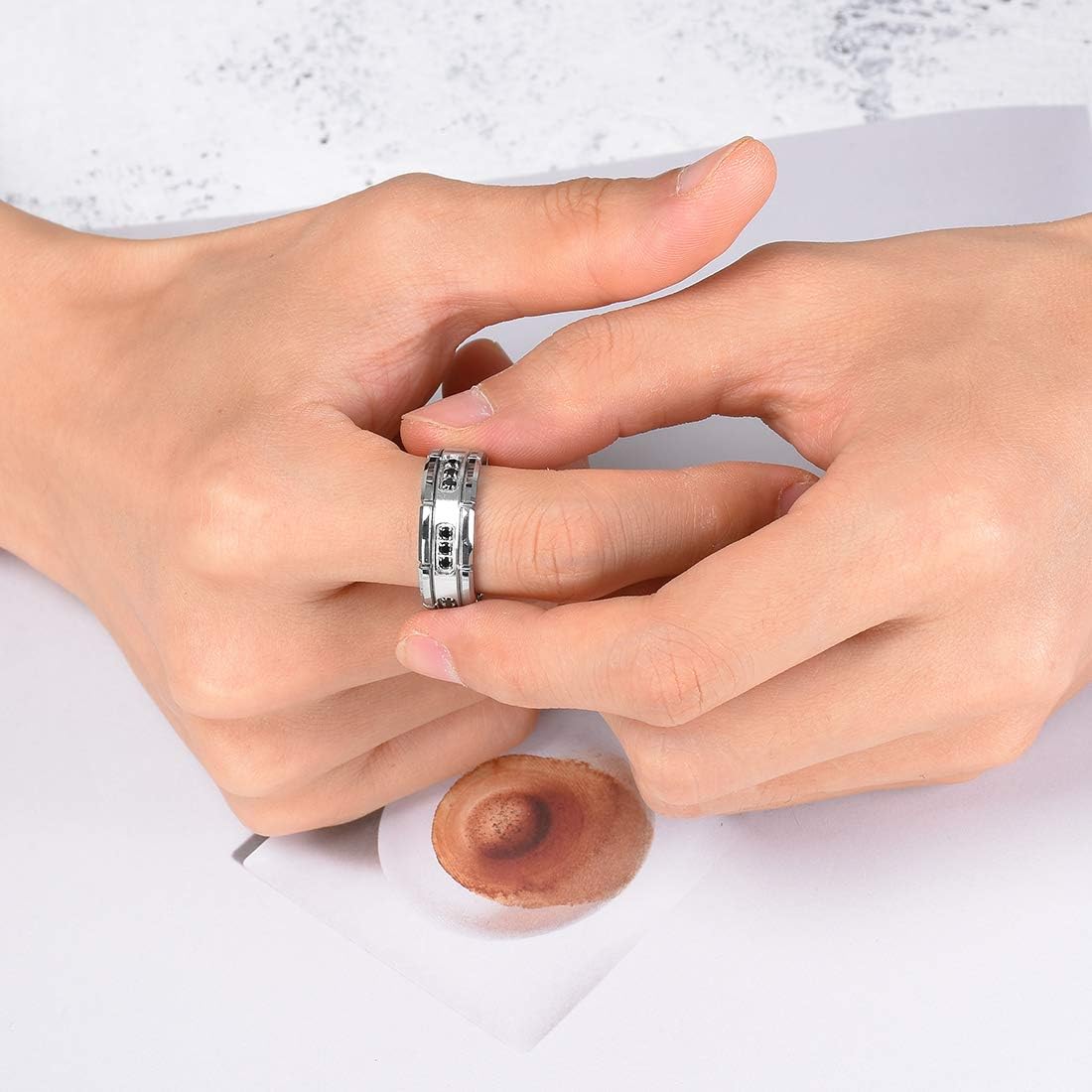 King Will GEM Mens 8mm Black Polished Finish Tungsten Carbide Ring Cubic Zircon Stones Flat Style