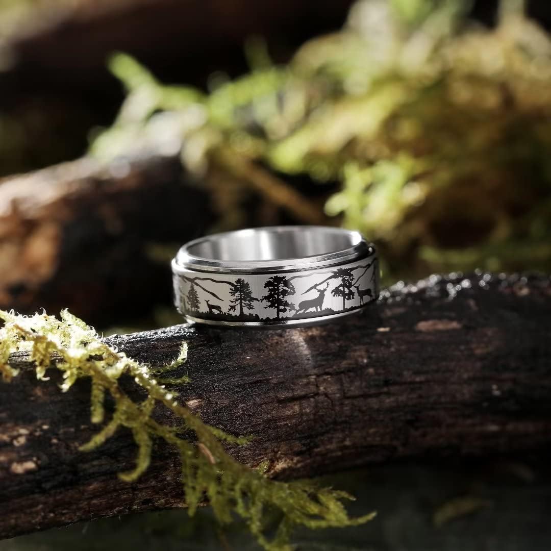 King Will 6mm 7mm 8mm Silver Black Stainless Steel Ring Spinner Ring Anxiety Relief Wedding Ring For Men Women Forest Elk Deer Family/Moon Star/Skull Head/Evil Eye/Poker Pattern