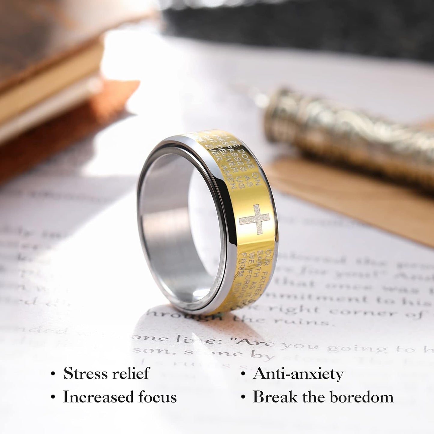 King Will 8mm Black/Gold/Silver Stainless Steel Ring Lord's Prayer Rotatable Ring Men Wedding Band Rings Comfort Fit