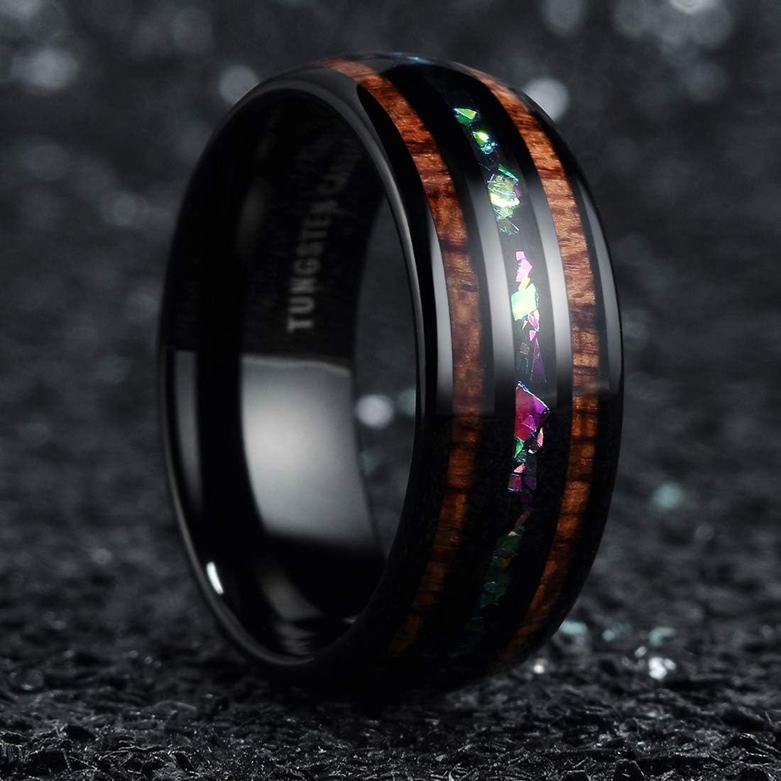 King Will Nature 8mm Turquoise Tungsten Carbide Wedding Ring Abalone Shell Opal Inlaid Real Wood Engagement Band for Men