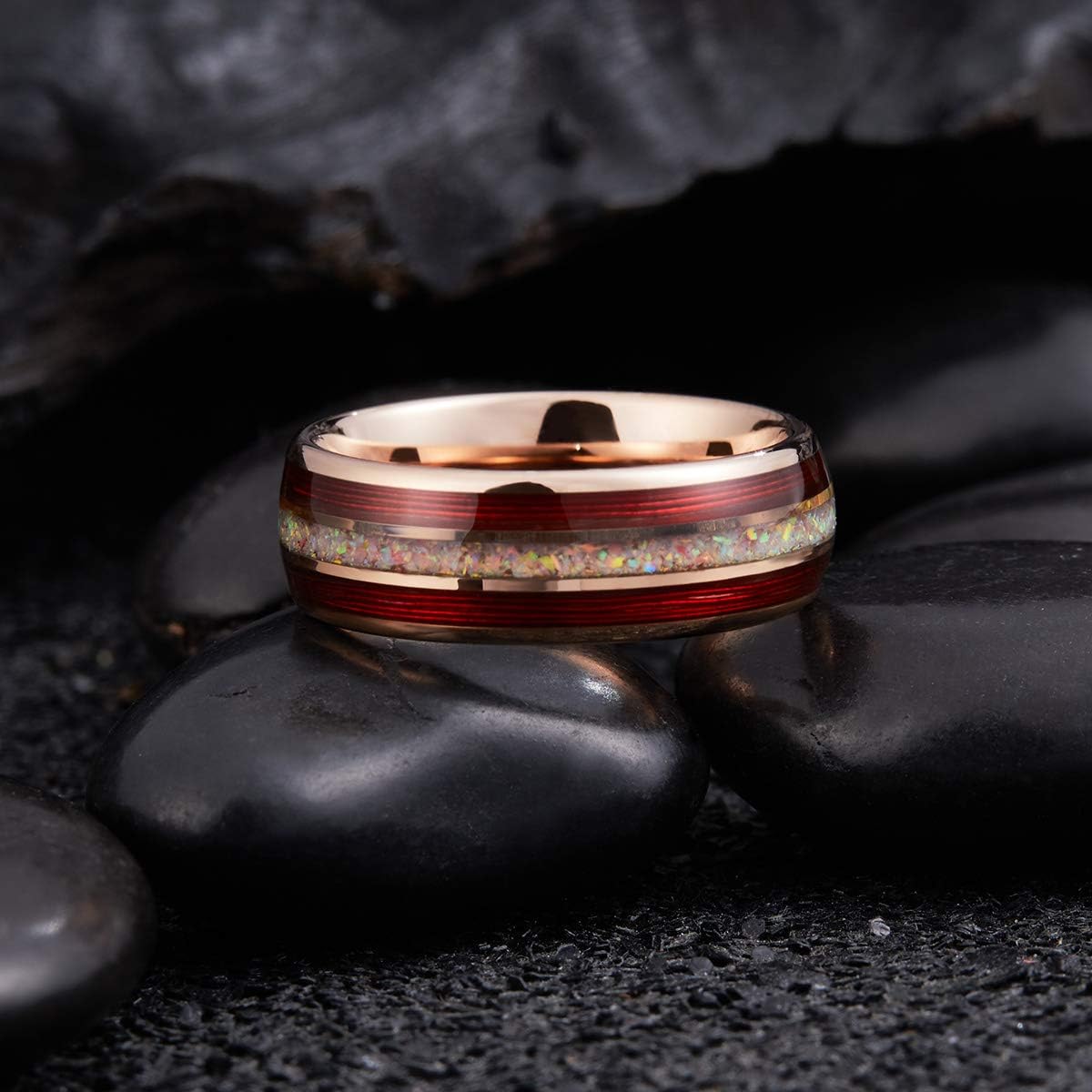 King Will Nature 8mm Turquoise Tungsten Carbide Wedding Ring Abalone Shell Opal Inlaid Real Wood Engagement Band for Men