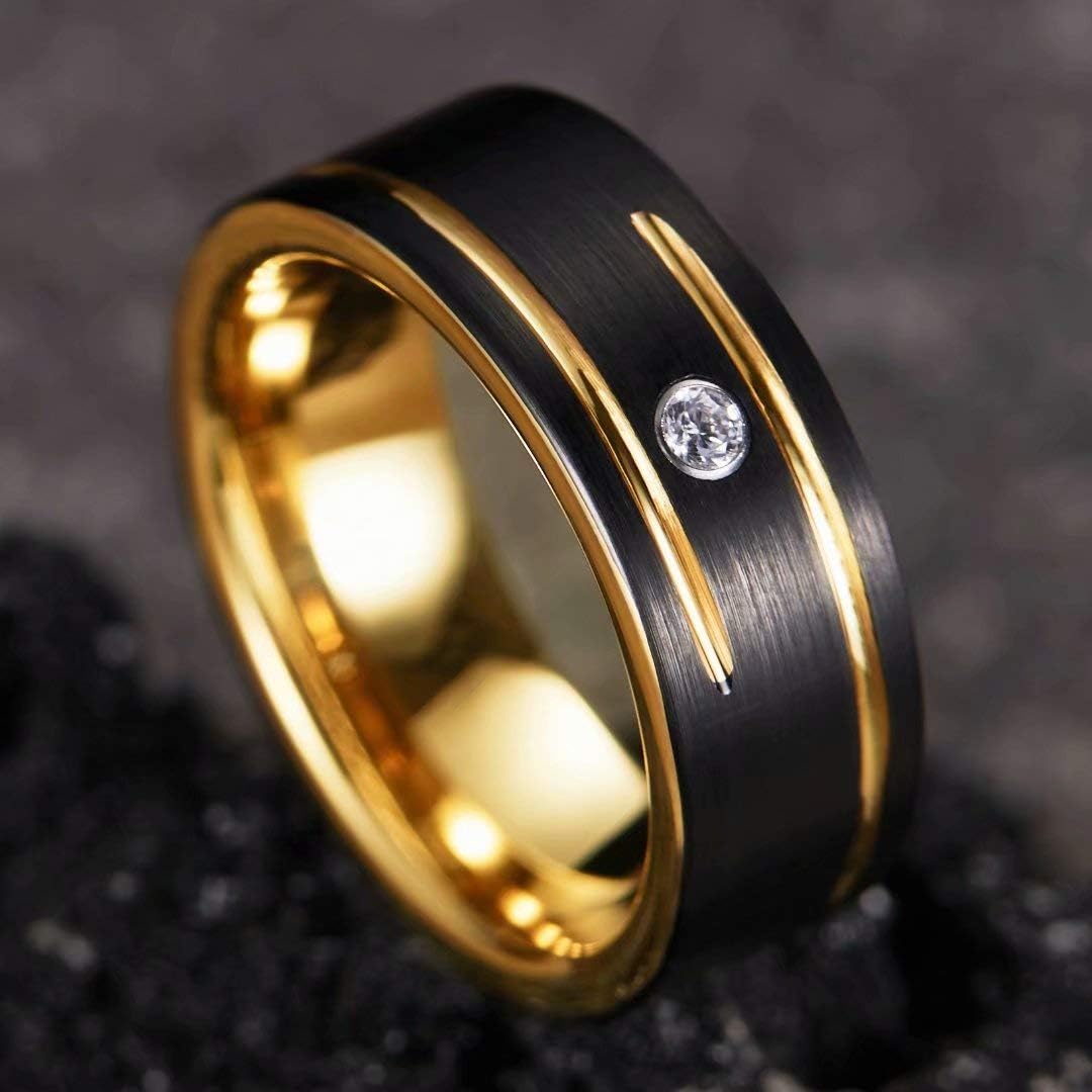 King Will GEM Mens 8mm Black Polished Finish Tungsten Carbide Ring Cubic Zircon Stones Flat Style