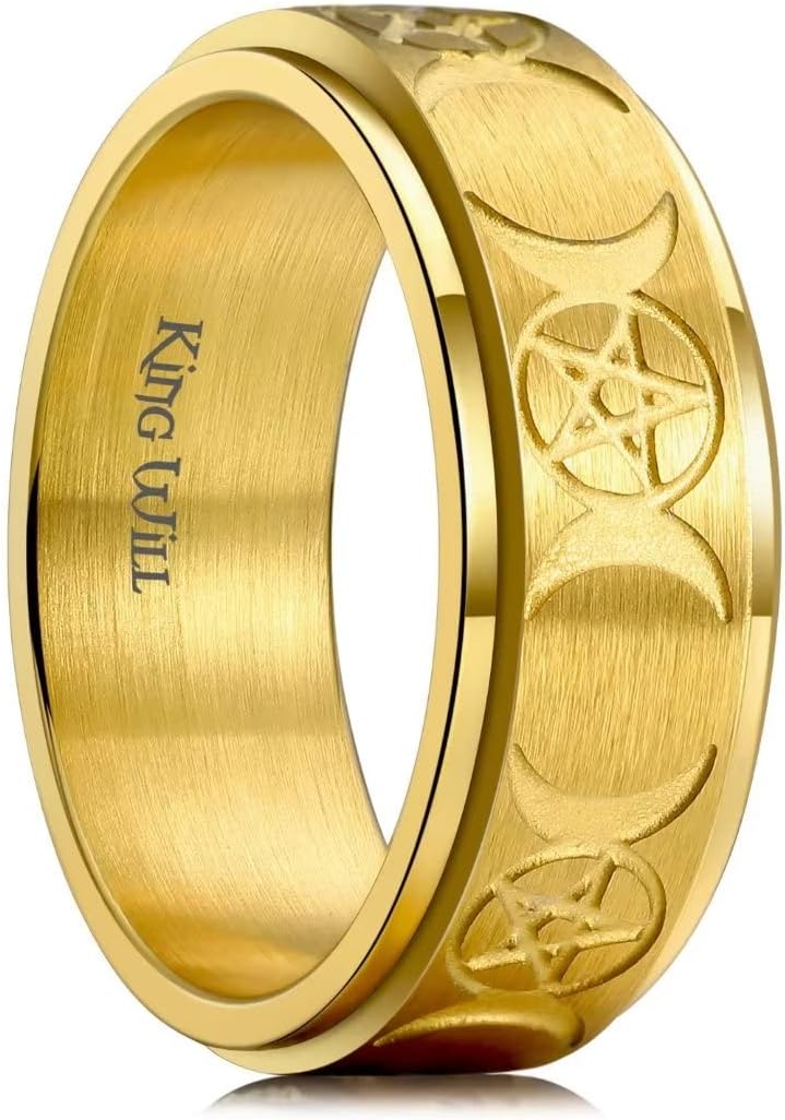 King Will Mens Fidget Ring Black/Gold/Rose Gold/Rainbow 8mm Stainless Steel Ring Spinner Ring For Men Women Stress Anxiety Relief Rotating Ring Finger Teens Toy Moon Sun Star/Triple Moon/Sand Blasted Comfort Fit For Unisex Adults