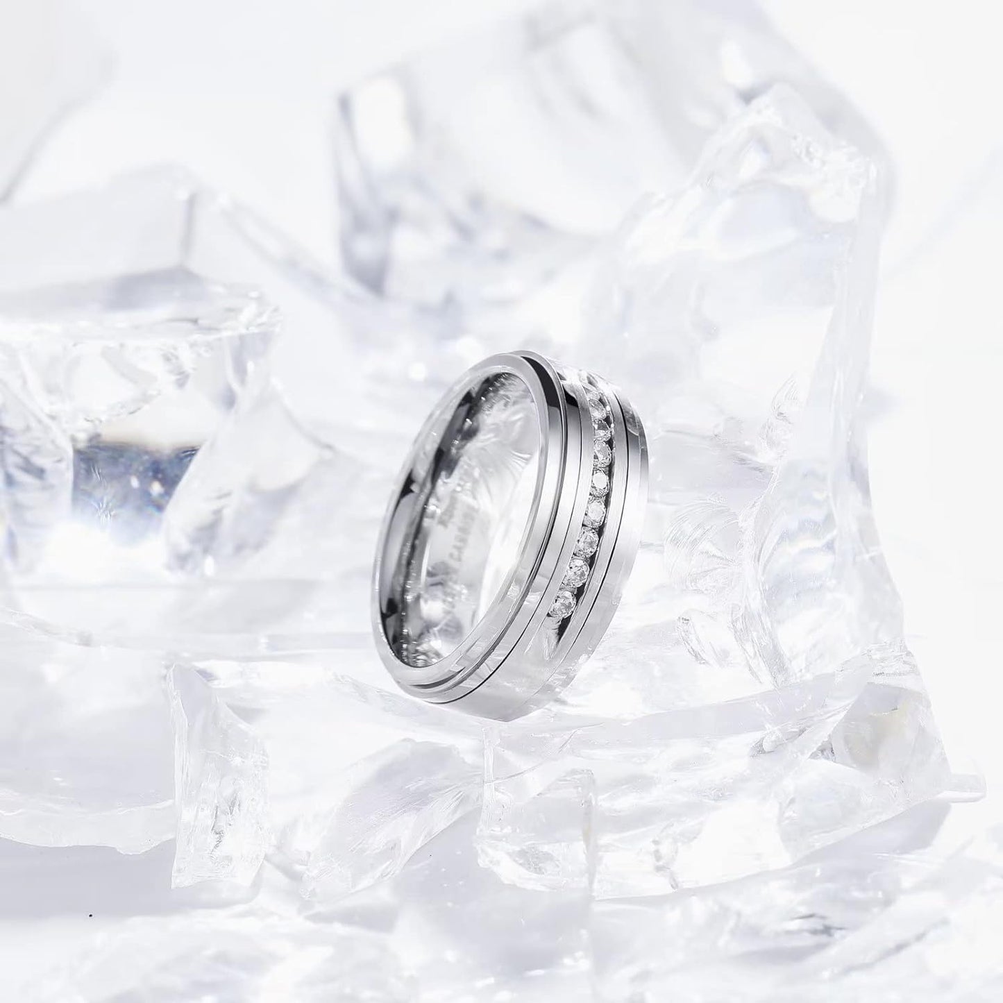 King Will GEM Mens 8mm Black Polished Finish Tungsten Carbide Ring Cubic Zircon Stones Flat Style