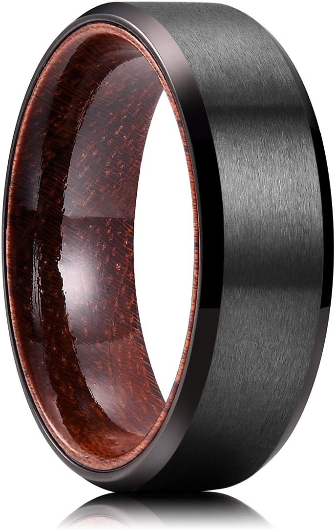 King Will 6mm/8mm Silver/Black Hammered Titanium Ring Inlaid Wood Inner Hole Wedding Band for Men Matte Brushed Comfort Fit