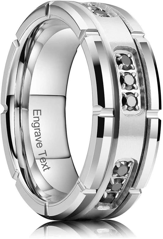 King Will GEM Custom Engraving Mens 8mm Tungsten Carbide Ring Cubic Zircon Stones Engagement Wedding Promise Band for Women Men Personalized