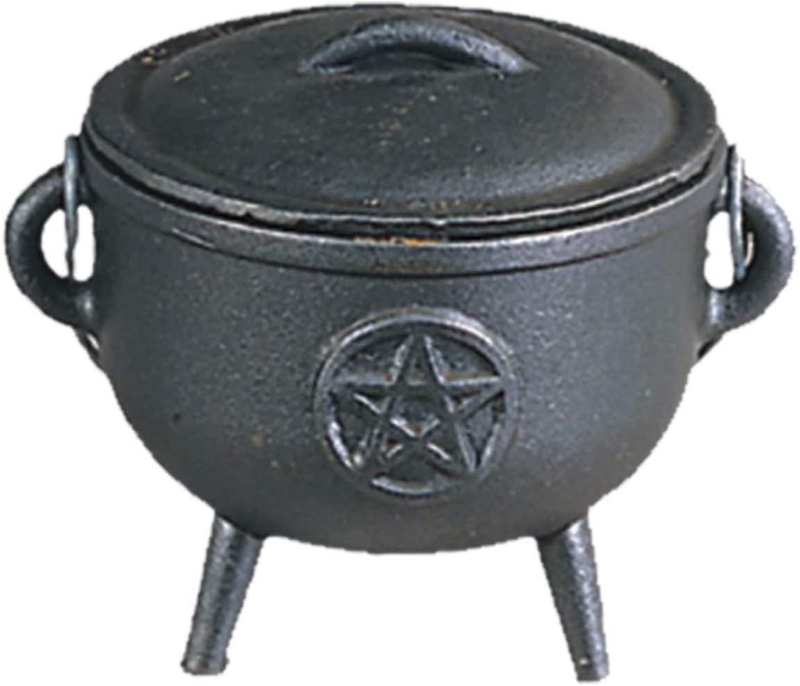 Cast Iron Cauldron with Lid and Carry Handle for Spells Wax Melt Burner, Smudging, Ritual & Blessings | Includes 6 Free Incense Smudge Cups (4.5 Inch, Pentagram)