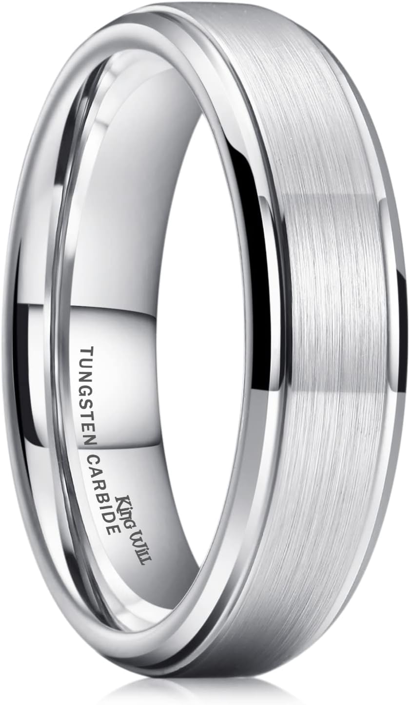 King Will Basic Tungsten Ring for Men 6mm 7mm 8mm 9mm 10mm Silver Blue Tungsten Wedding Band Matte Brushed Finish Comfort Fit
