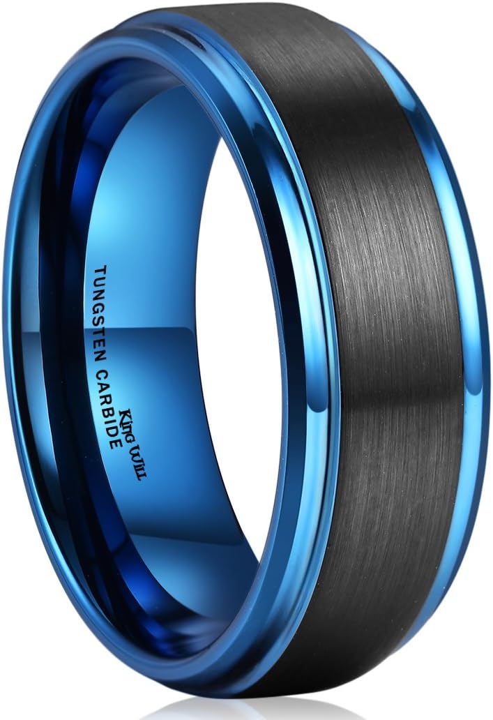 King Will Basic Tungsten Ring for Men 6mm 7mm 8mm 9mm 10mm Silver Blue Tungsten Wedding Band Matte Brushed Finish Comfort Fit