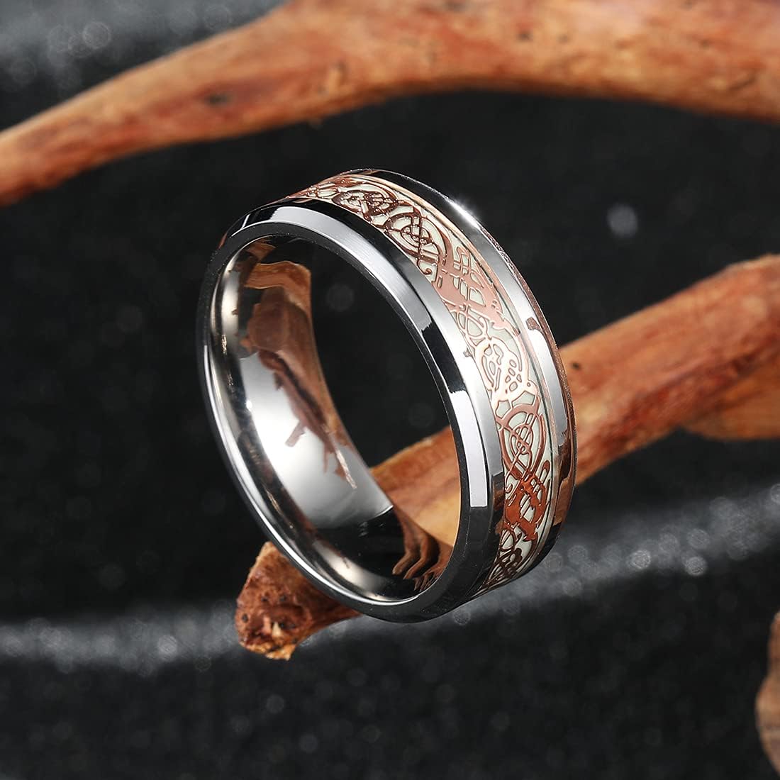 King Will DRAGON Mens Celtic Dragon Titanium Stainless Steel Ring Blue/Black/Green/Red Carbon Fibre Luminou Glow Celtic Dragon Titanium Stainless Steel Ring 7mm 8mm 9mm Zircon Polished Beveled Edge and Black Plated Wedding Band mens