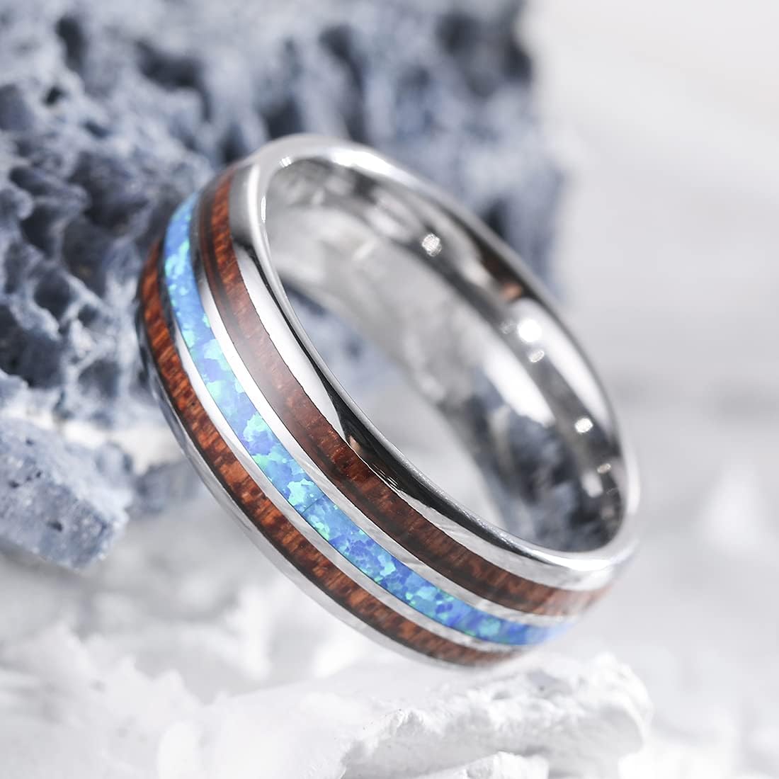 King Will Nature 8mm Turquoise Tungsten Carbide Wedding Ring Abalone Shell Opal Inlaid Real Wood Engagement Band for Men