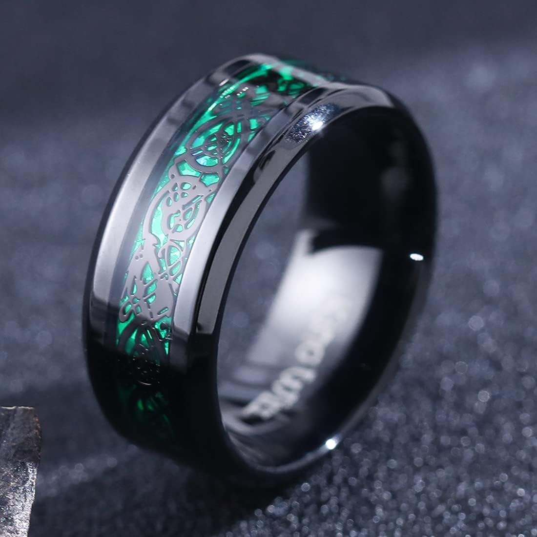 King Will DRAGON Mens Celtic Dragon Titanium Stainless Steel Ring Blue/Black/Green/Red Carbon Fibre Luminou Glow Celtic Dragon Titanium Stainless Steel Ring 7mm 8mm 9mm Zircon Polished Beveled Edge and Black Plated Wedding Band mens