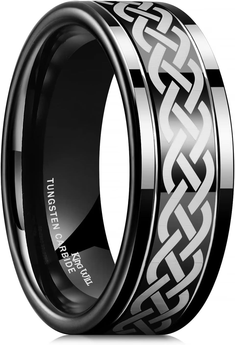 King Will Silver Black Celtic Knot/Greek Key Tungsten Wedding Rings Two Grooves Edge Laser Polished Celtic Knot/Greek Key Center and Matte Brushed Surface Wedding Band for Men Women