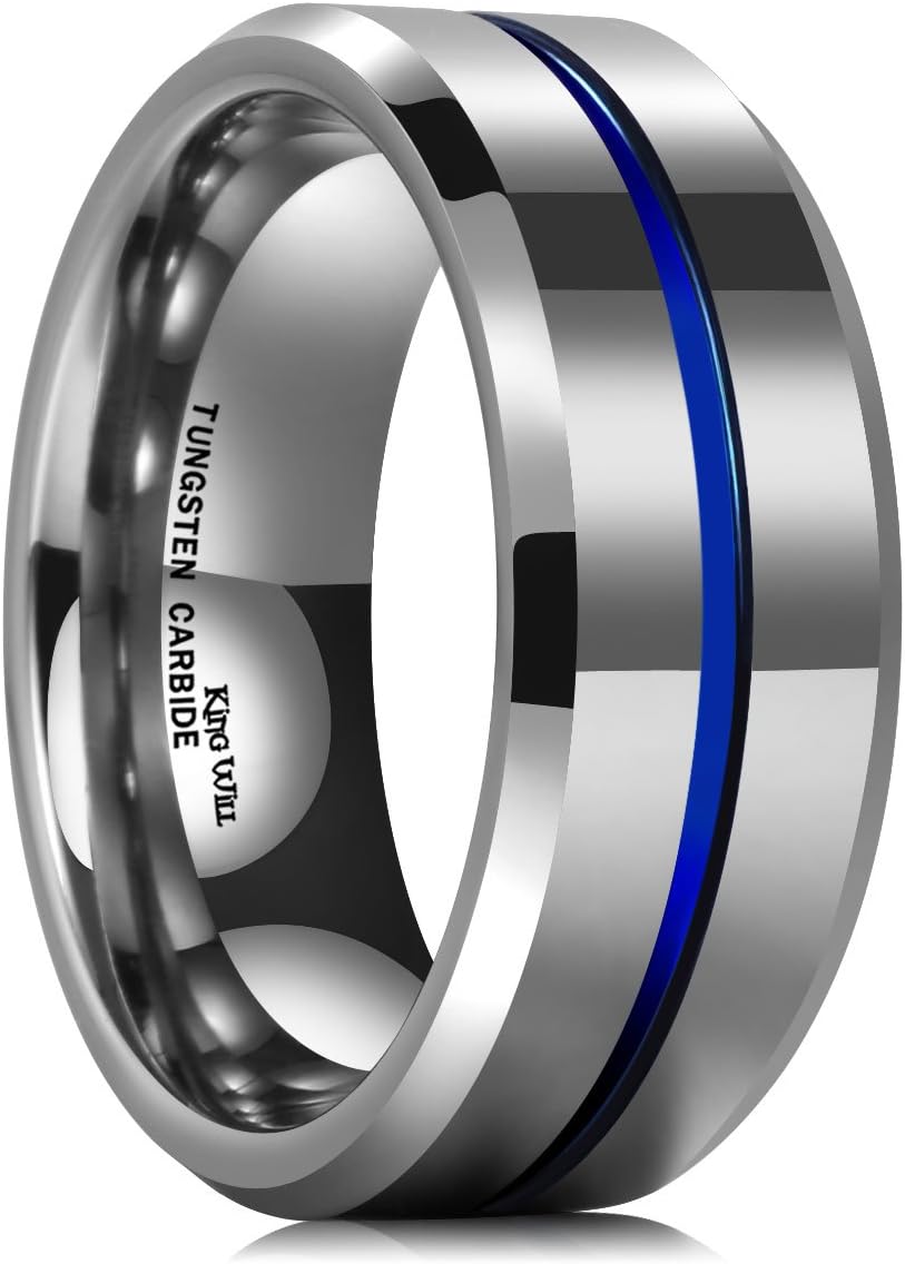 King Will 6mm 7mm 8mm Groove Tungsten Carbide Wedding Ring for Men Black/Silver/Rainbow/Rose Gold/Red/Brown/Blue Thin Groove Center Tungsten Wedding Band Matte Finish
