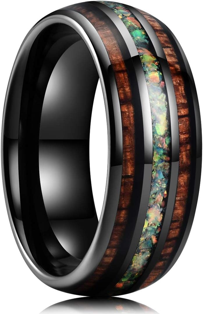 King Will Nature 8mm Turquoise Tungsten Carbide Wedding Ring Abalone Shell Opal Inlaid Real Wood Engagement Band for Men