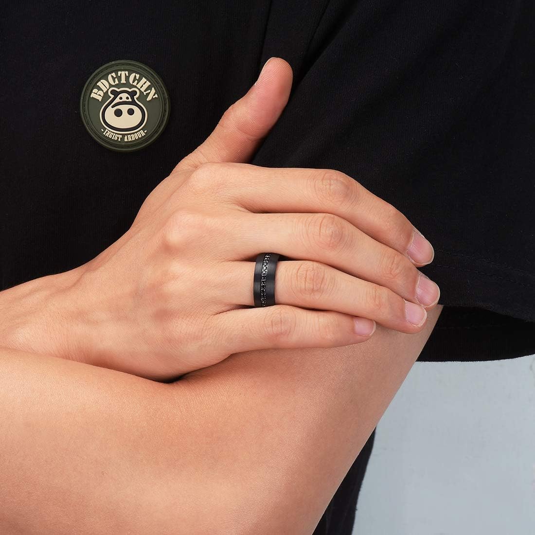 King Will GEM Mens 8mm Black Polished Finish Tungsten Carbide Ring Cubic Zircon Stones Flat Style