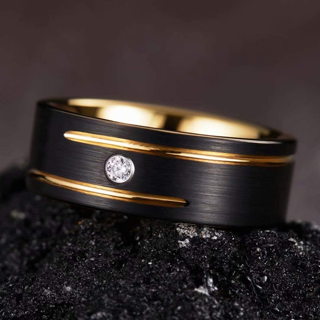 King Will GEM Mens 8mm Black Polished Finish Tungsten Carbide Ring Cubic Zircon Stones Flat Style