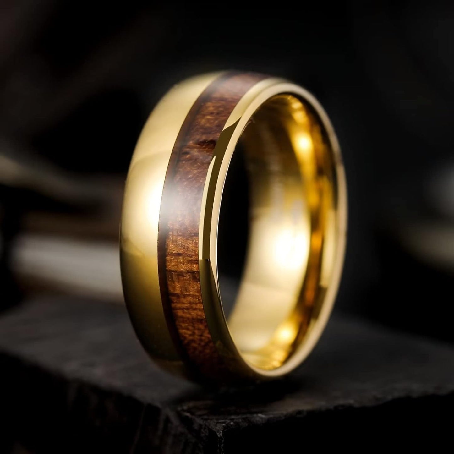 King Will Nature Koa Wood Inlay Tungsten Carbide Wedding Ring 8mm Rose Gold/Blue/Black/Silver High Polished Comfort Fit