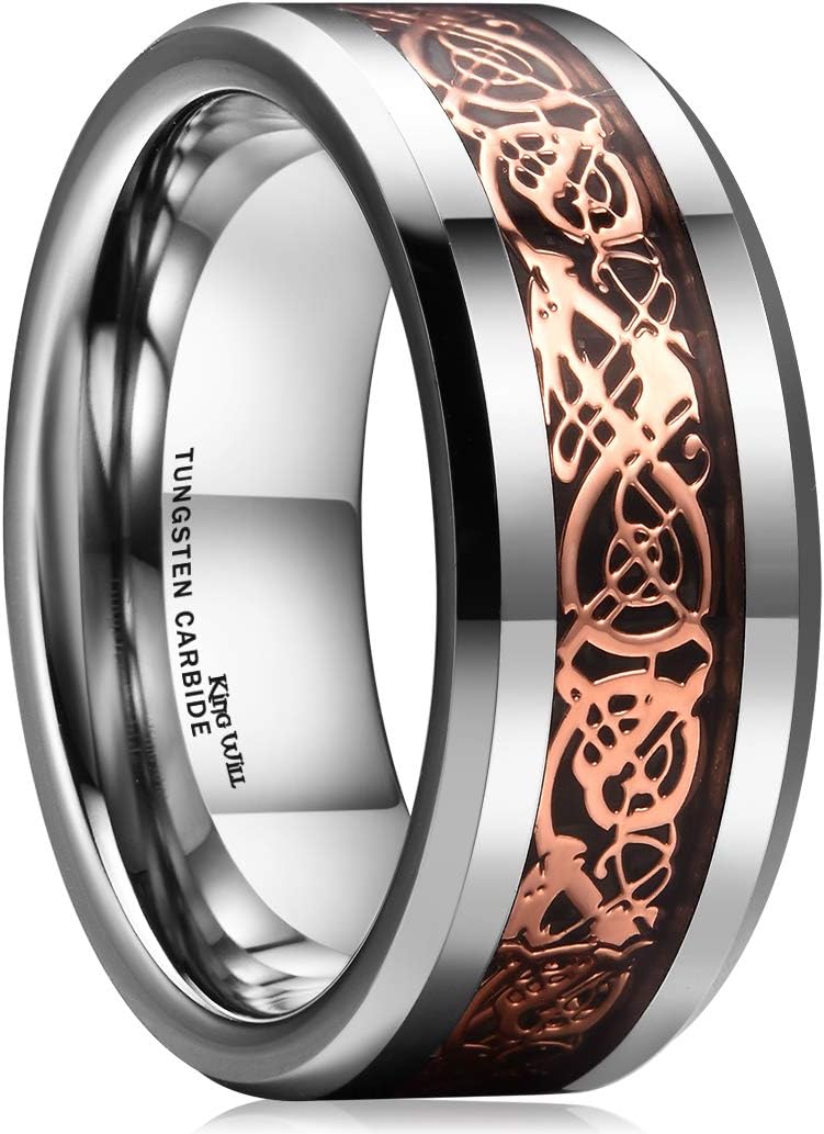 King Will DRAGON Men's 8mm/6mm/5mm Red/Green Carbon Fiber Black Celtic Dragon Tungsten Carbide Ring Comfort Fit Wedding Band