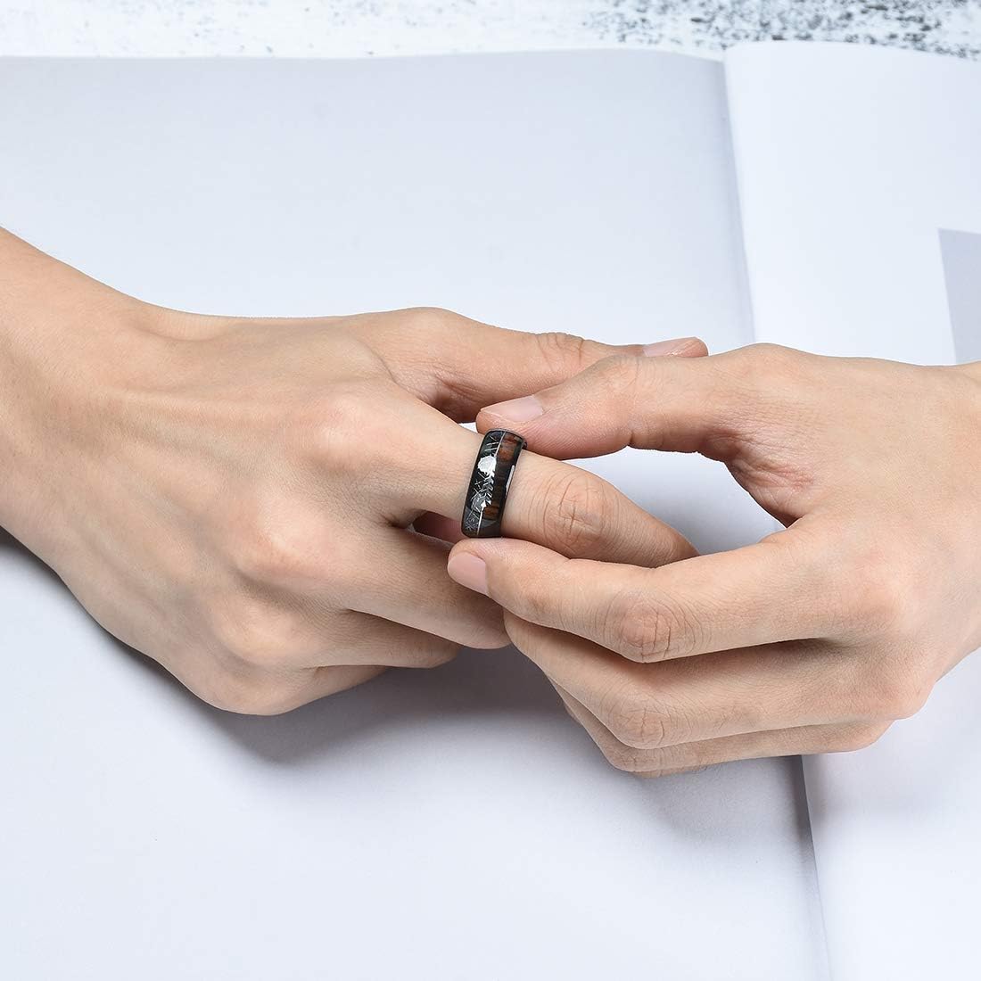 King Will Nature 8mm Arrow Tungsten Carbide Ring Wood Meteorite Sticker Inlay Domed Wedding Ring for Men