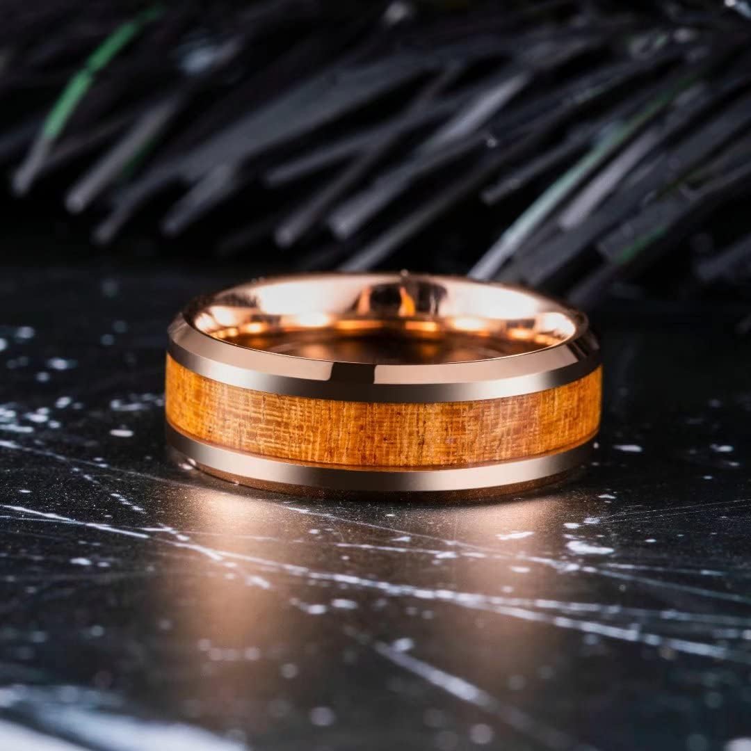 King Will Nature Koa Wood Inlay Tungsten Carbide Wedding Ring 8mm Rose Gold/Blue/Black/Silver High Polished Comfort Fit