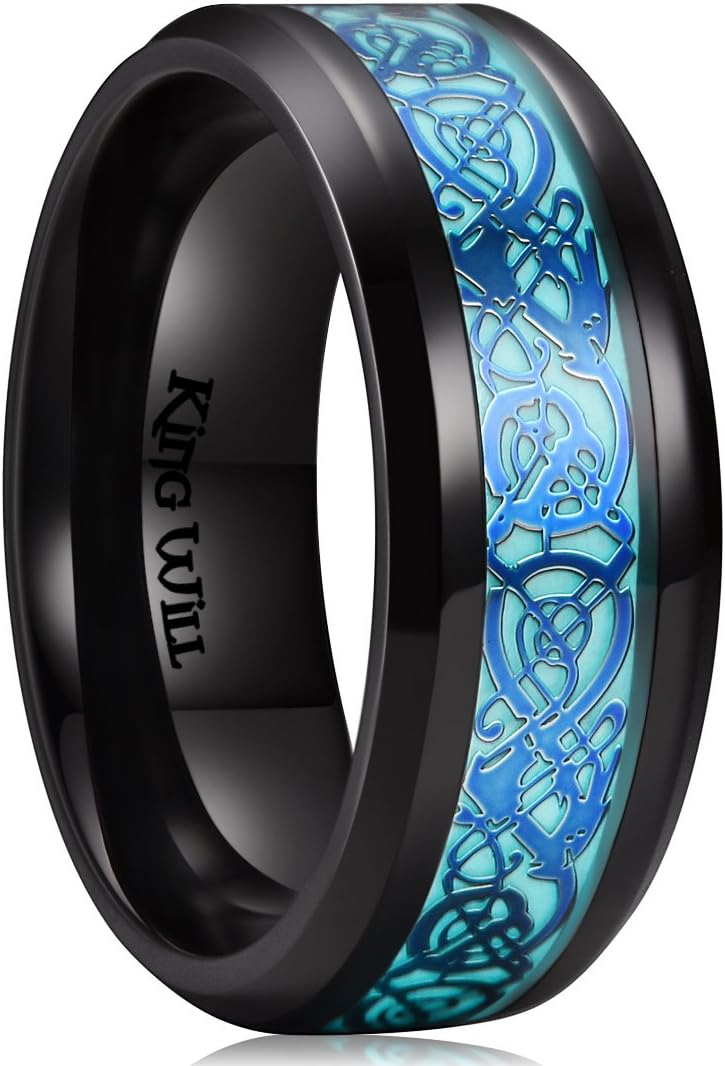 King Will DRAGON Mens Celtic Dragon Titanium Stainless Steel Ring Blue/Black/Green/Red Carbon Fibre Luminou Glow Celtic Dragon Titanium Stainless Steel Ring 7mm 8mm 9mm Zircon Polished Beveled Edge and Black Plated Wedding Band mens