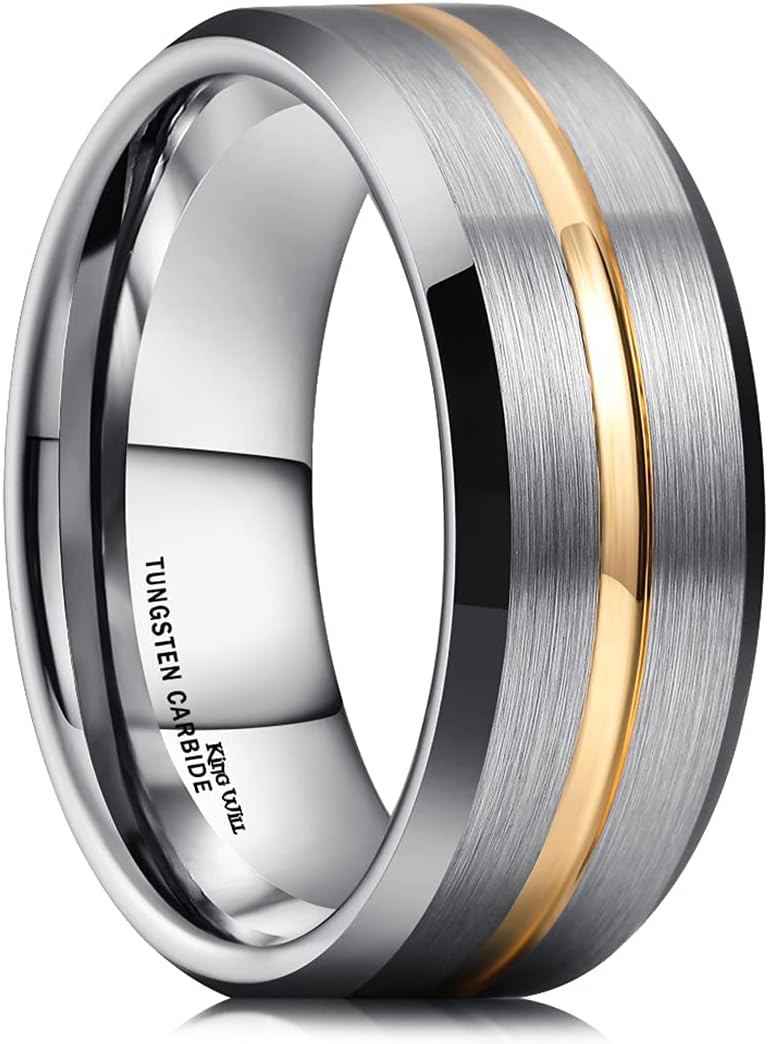 King Will 8mm Men's Tungsten Carbide Silver/Gold/Rose Gold Ring Gold Domed High Polished/Grooved/Faceted/Sandstone Sticker Inlay Step Edge Comfort Fit Wedding Ring