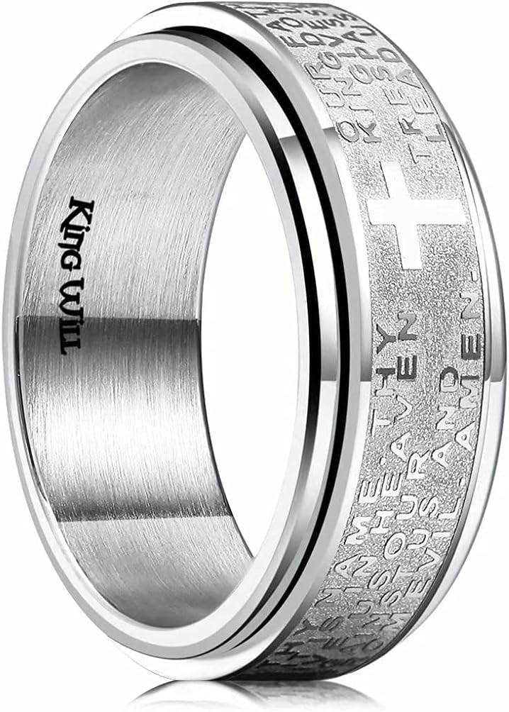 King Will 8mm Black/Gold/Silver Stainless Steel Ring Lord's Prayer Rotatable Ring Men Wedding Band Rings Comfort Fit