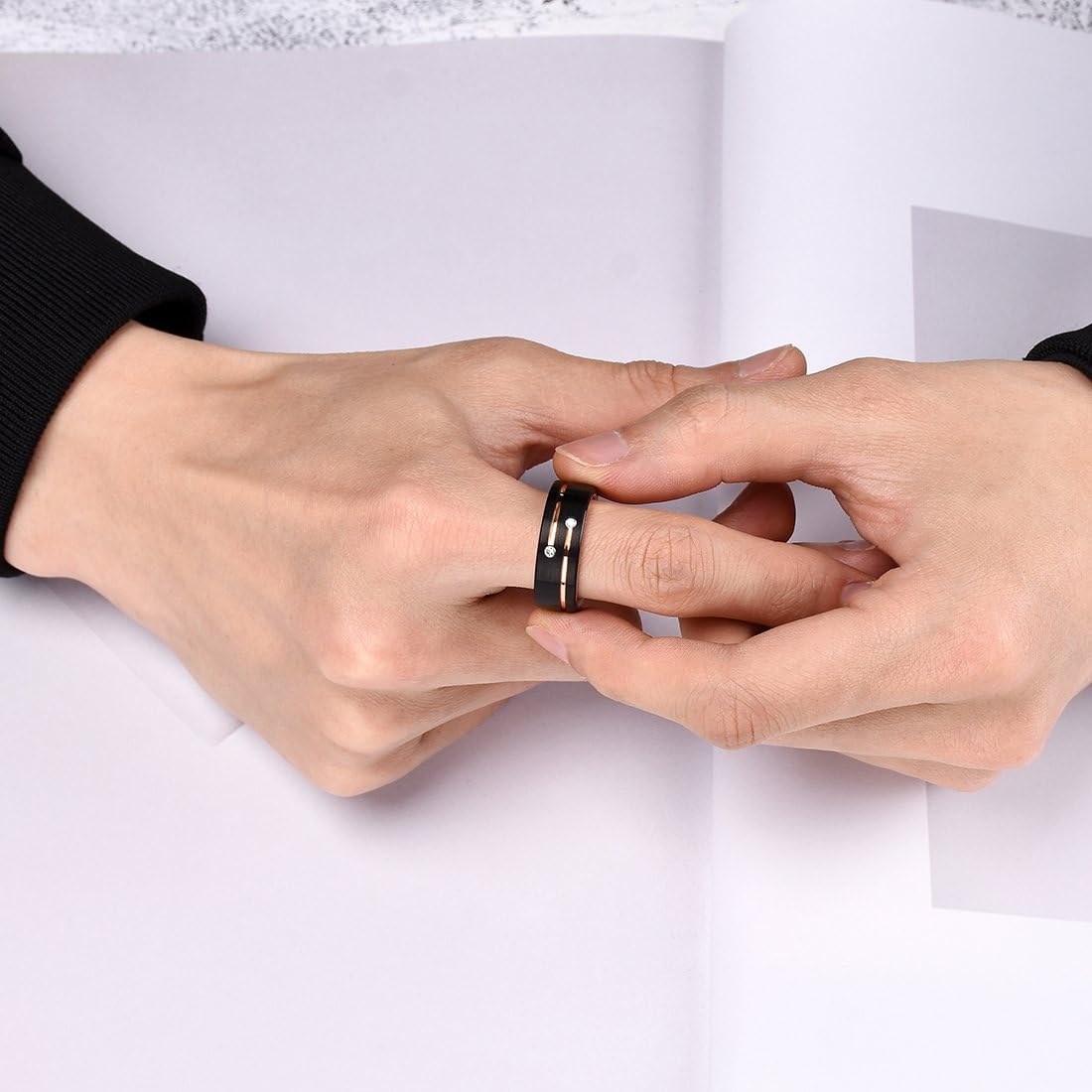 King Will GEM Mens 8mm Black Polished Finish Tungsten Carbide Ring Cubic Zircon Stones Flat Style