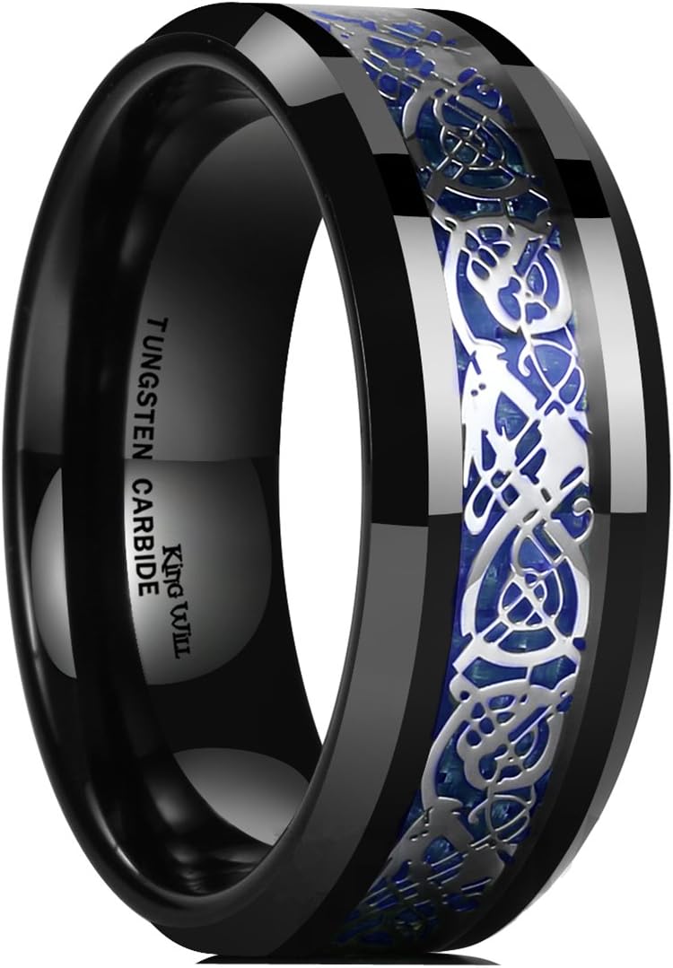 King Will DRAGON Men's 8mm/6mm/5mm Red/Green Carbon Fiber Black Celtic Dragon Tungsten Carbide Ring Comfort Fit Wedding Band
