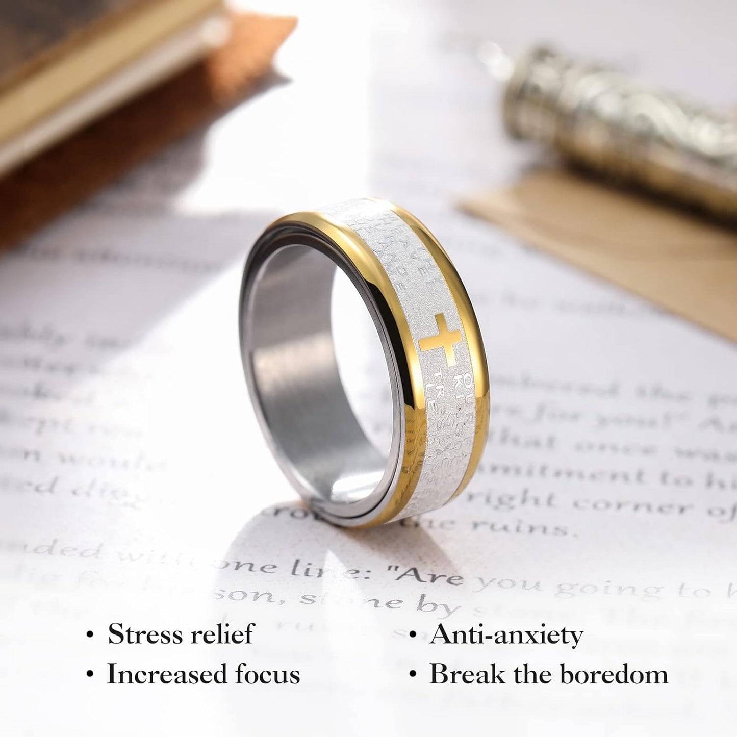 King Will 8mm Black/Gold/Silver Stainless Steel Ring Lord's Prayer Rotatable Ring Men Wedding Band Rings Comfort Fit