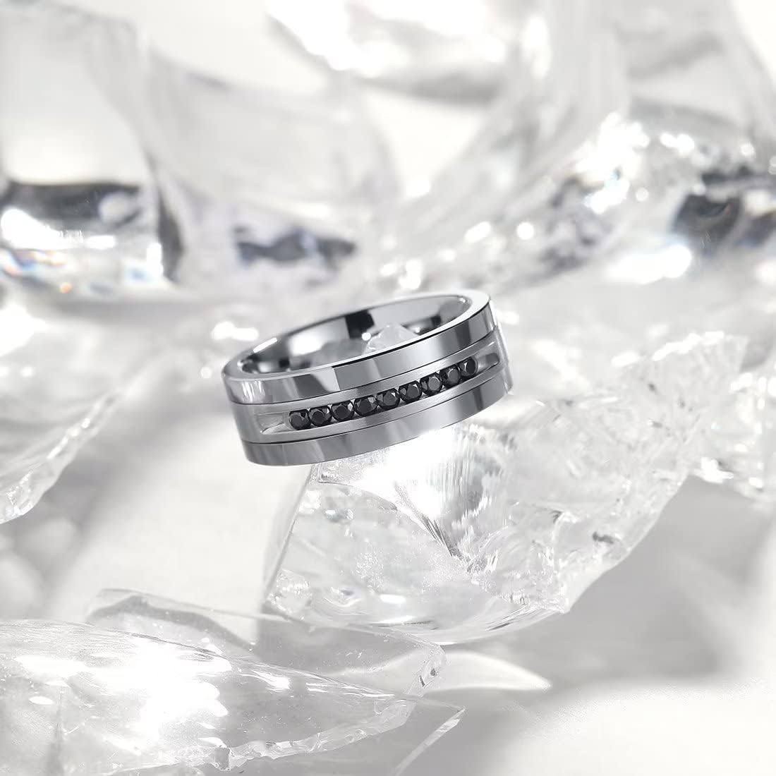 King Will GEM Mens 8mm Black Polished Finish Tungsten Carbide Ring Cubic Zircon Stones Flat Style
