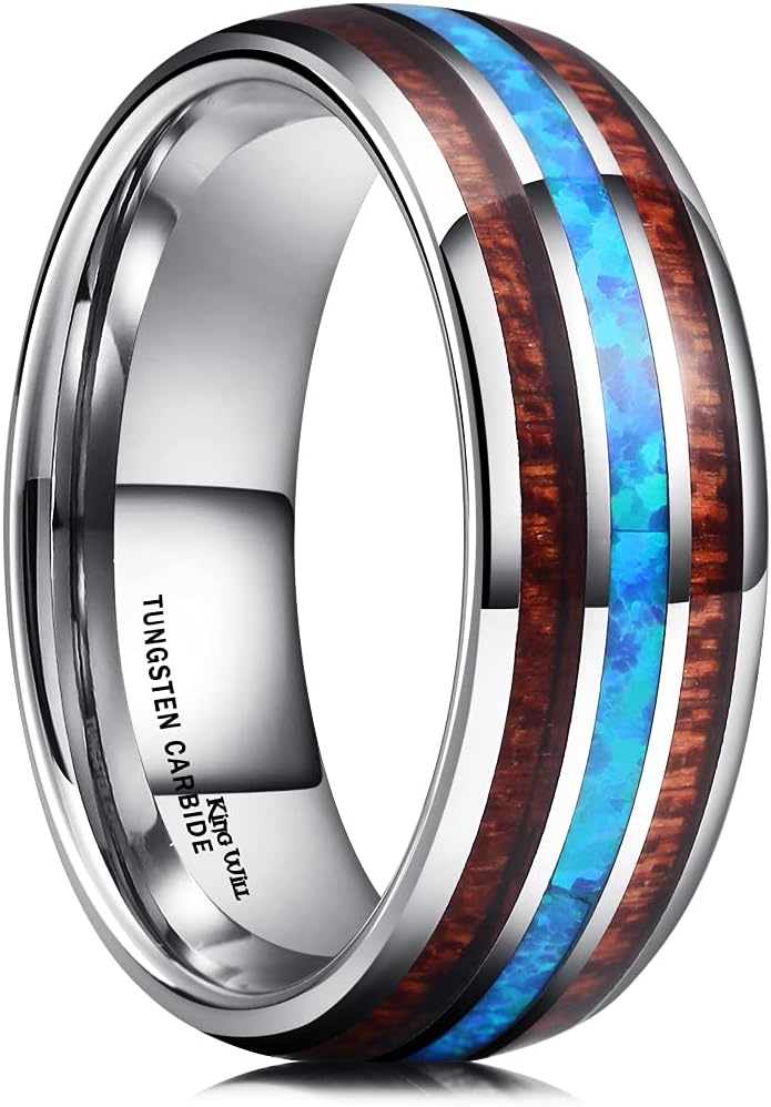 King Will Nature 8mm Turquoise Tungsten Carbide Wedding Ring Abalone Shell Opal Inlaid Real Wood Engagement Band for Men