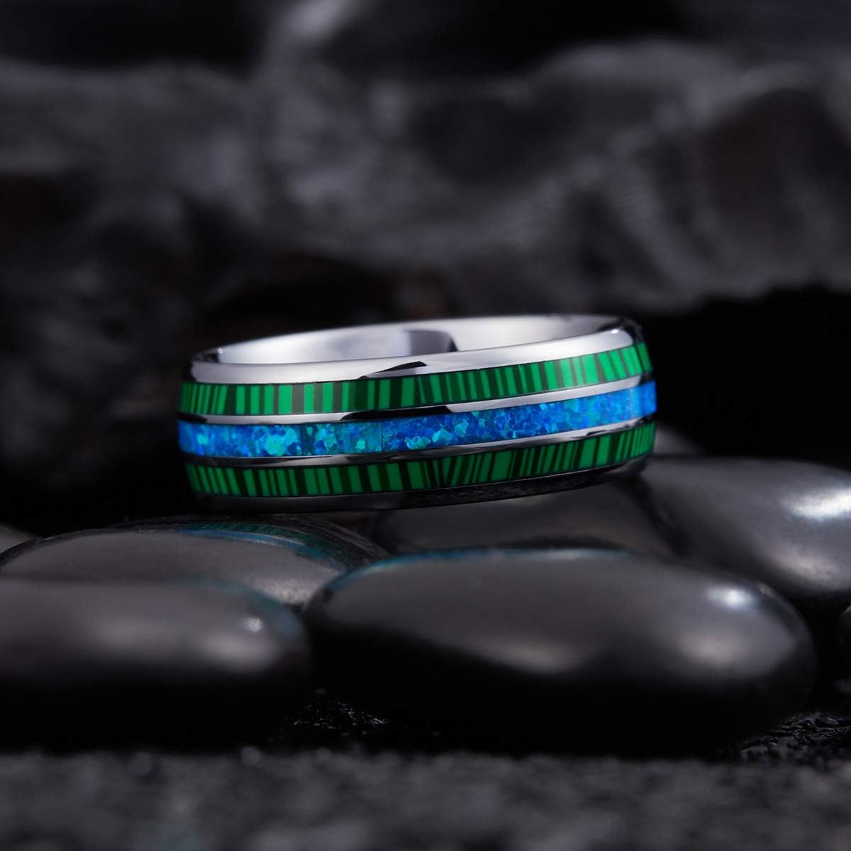 King Will Nature 8mm Turquoise Tungsten Carbide Wedding Ring Abalone Shell Opal Inlaid Real Wood Engagement Band for Men