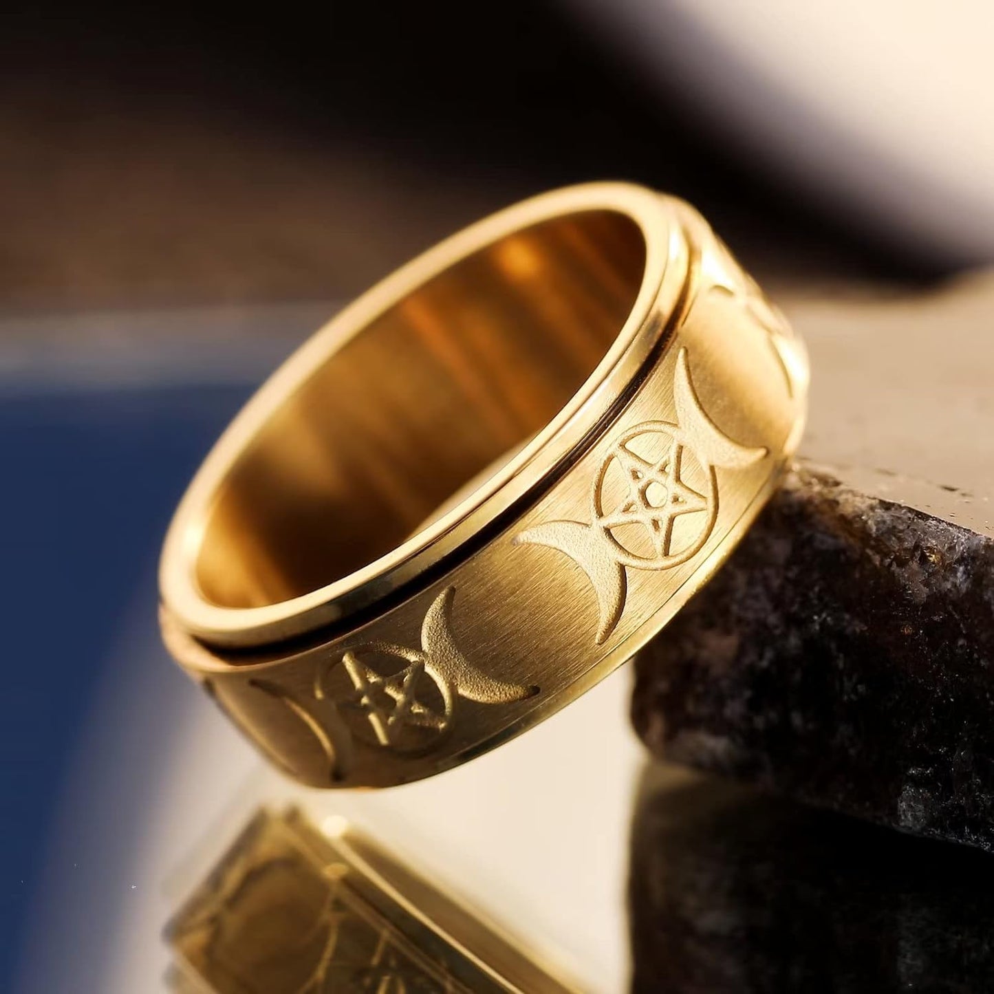 King Will Mens Fidget Ring Black/Gold/Rose Gold/Rainbow 8mm Stainless Steel Ring Spinner Ring For Men Women Stress Anxiety Relief Rotating Ring Finger Teens Toy Moon Sun Star/Triple Moon/Sand Blasted Comfort Fit For Unisex Adults