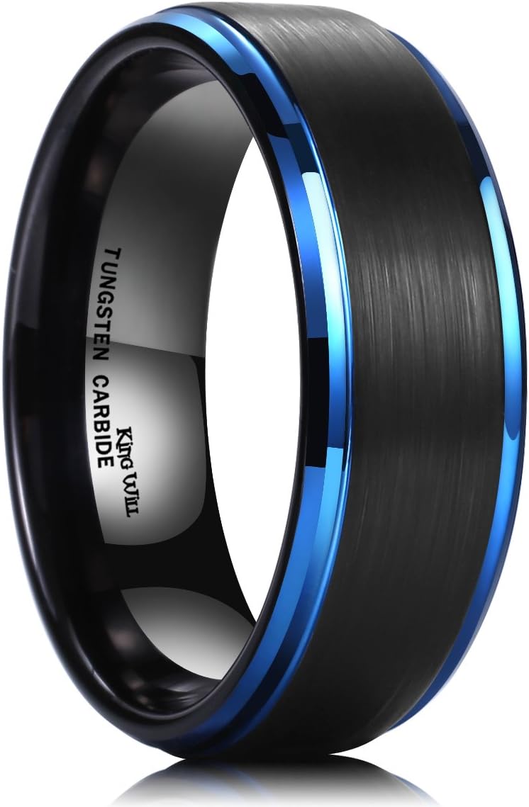 King Will Basic Tungsten Ring for Men 6mm 7mm 8mm 9mm 10mm Silver Blue Tungsten Wedding Band Matte Brushed Finish Comfort Fit